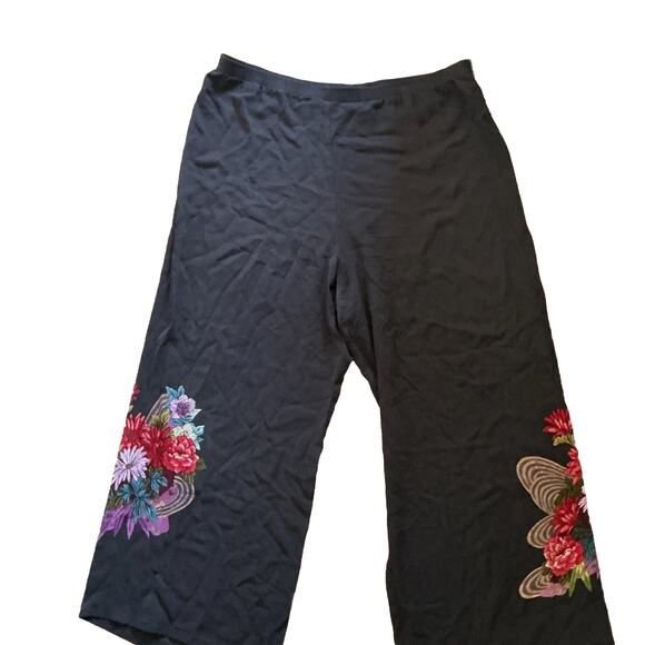 Harari 100% Silk Wide-Leg Pants XL – Black with Floral Print – Art to Wear - Picture 1 of 6